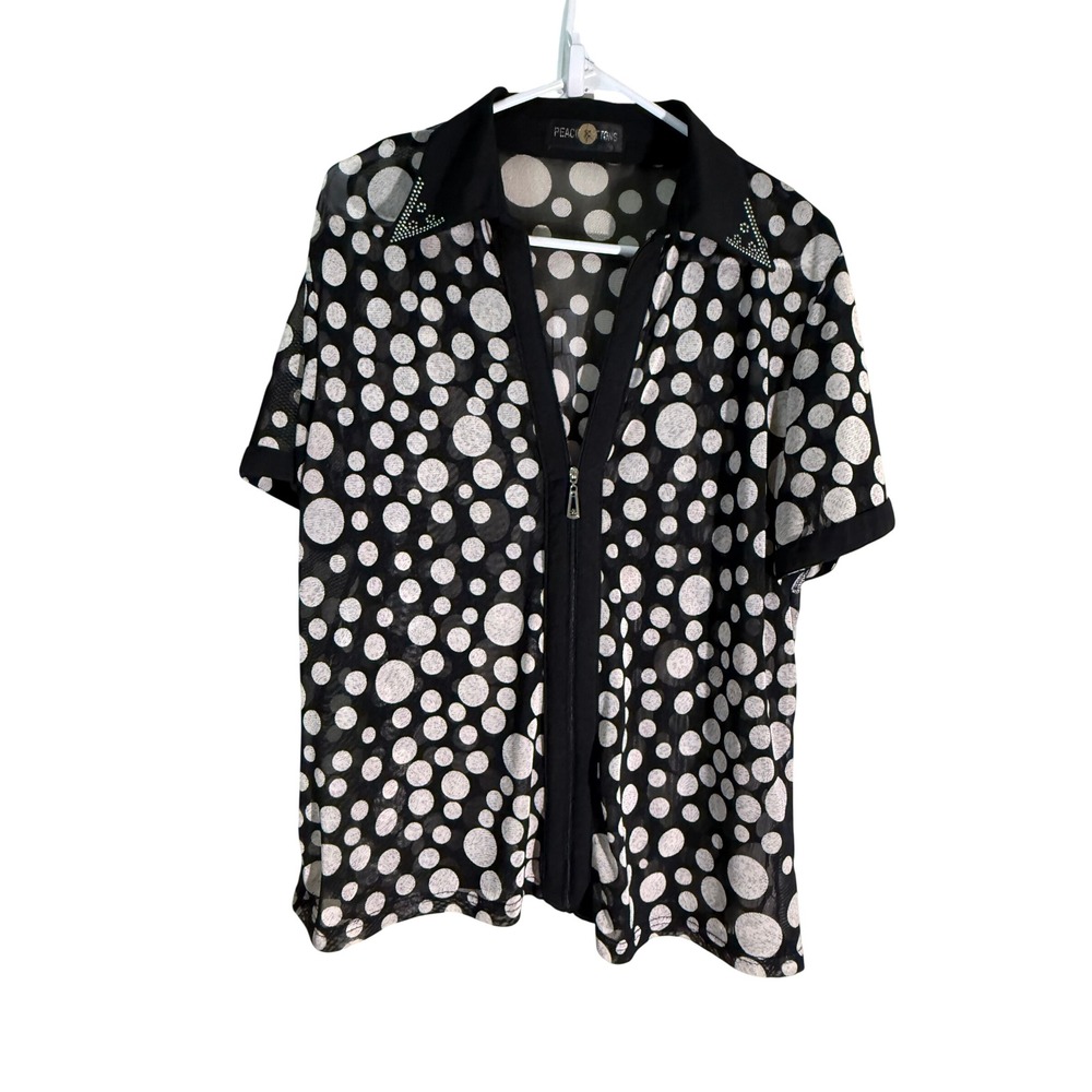 Peach Buttons Secret Sheer Mesh Polka Dot Zip Front Collared Shirt Black White